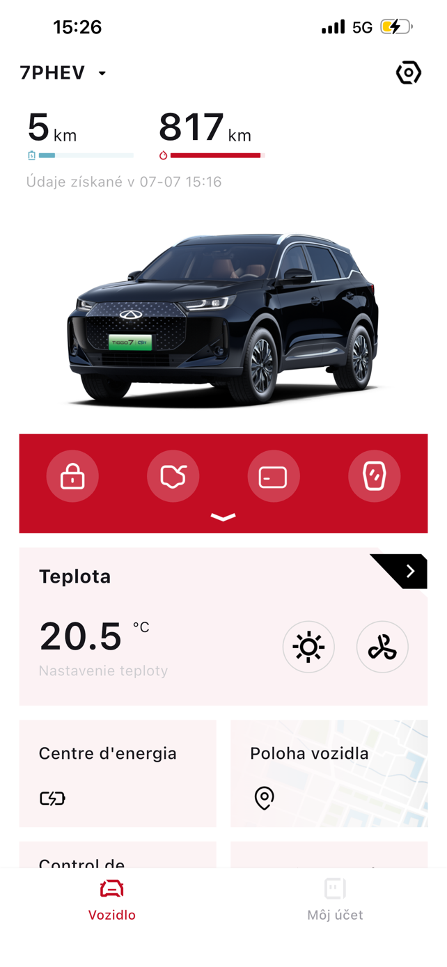 Kontrola stavu vozidla v aplikácii CHERY